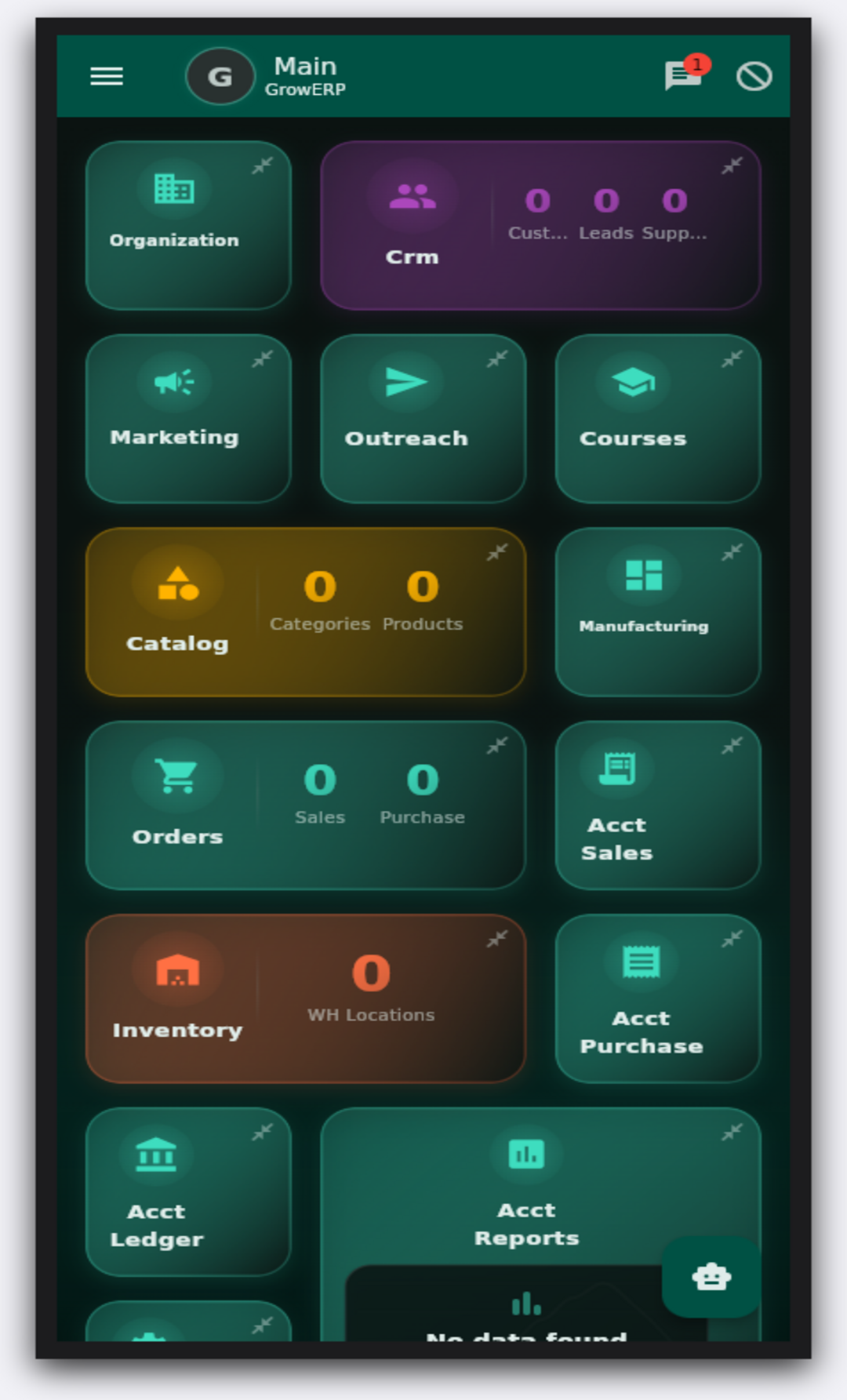 GrowERP mobile main menu